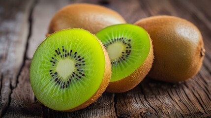 Close up of fresh Kiwis on a rustic wooden Table