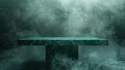 Green Marble Table In A Empty Room With Smoke. Table Template For Presentation Product