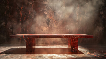 Red Marble Table In A Empty Room With Smoke. Table Template For Presentation Product