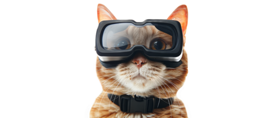 Ginger cat exploring the world through virtual reality isolate on transparent background, cutout, png