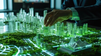 An urban planner interacts with a detailed city model, focusing on sustainable development and green spaces. AIG41