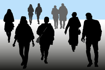 Silhouettes of 9 walking people, men and women walking along the road, vector.