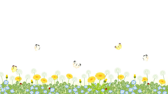 Flowers and grass border, vector illustration, early spring flowers　春の草むらと花とちょうちょのイラスト	