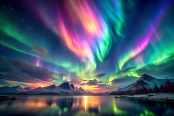 the northern lights painting the sky with vibrant - obrazy, fototapety, plakaty