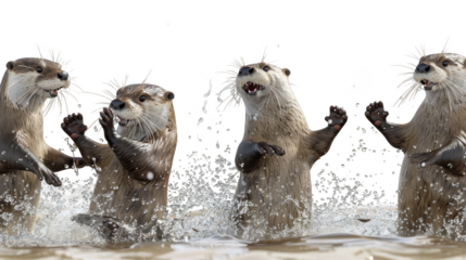 Four playful otters, splashing in water isolate on transparent background, png, cutout