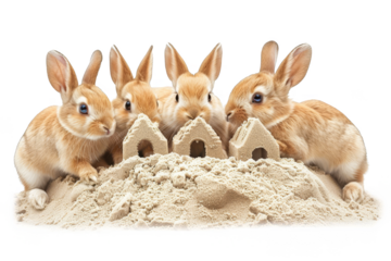 Group of rabbits building a sand castle at the beach isolate on transparent background, cutout, png