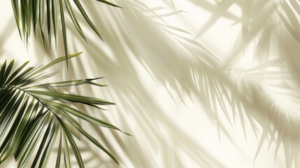 Blurred shadow from palm leaves on light cream wall. beautiful summer spring studio background overlay