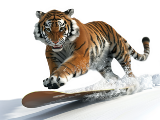Tiger on a snowboard, sliding down the mountain isolate on transparent background, cutout, png