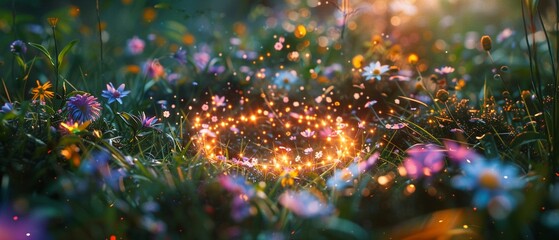 Wildflowers woven into Earth symbol, meadow setting, sunset light, dreamy effect, ground level