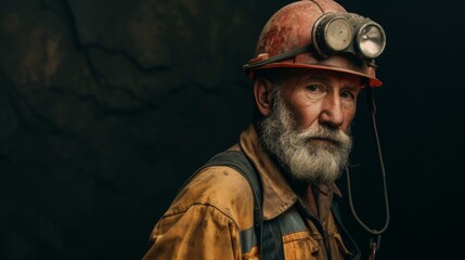 Elderly miner with a reflective hard hat and headlamp, gazing intently, in a mining tunnel setting.