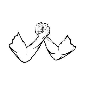 arm wrestling two people with right hand black and white vector illustration