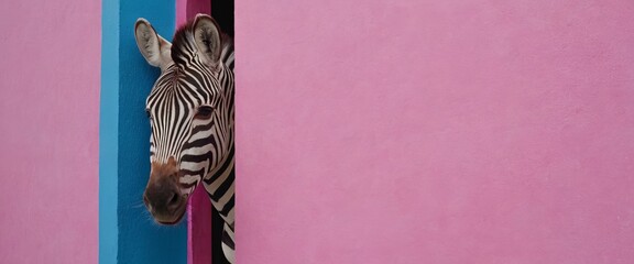 Zebra against a pink and blue wall. Minimalism, Closeup portrait. bright and contrasting colors. Wide banner, posters and cards, copy space