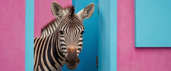Zebra against a pink and blue wall. Minimalism, Closeup portrait. bright and contrasting colors. Wide banner, posters and cards, copy space