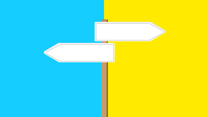 A signpost with two blank directional signs pointing in opposite directions, set against a striking split background of blue and yellow, suggesting decision-making or divergent paths
