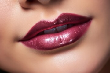 Close up of woman's lips with dark pink lipstick - obrazy, fototapety, plakaty