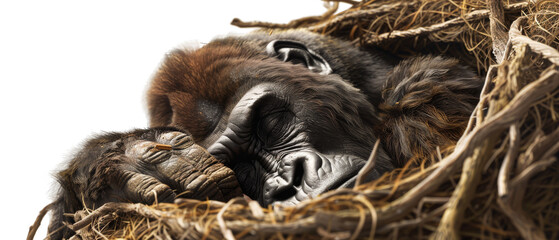 Naklejka premium Gorilla building a comfortable sleeping nest isolate on transparent background, cutout, png