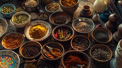 colorful mix of herb and spice varieties: curry, coriander, turmeric, cumin, paprika, pepper, mustard, salt, cardamon, oregano, saffron, cinnamon; food ingridients 