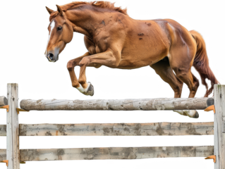 Horse is trying to jump over a fence isolate on transparent background, cutout, png