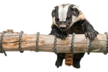 Honey badger using a log to climb over a fence isolate on transparent background, cutout, png