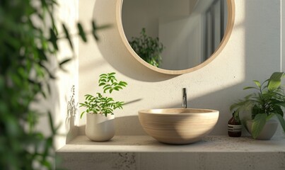 Minimalist beige separate high sink and stainless steel faucet near the potted plants on a concrete pedestal. Modern bathroom. - obrazy, fototapety, plakaty