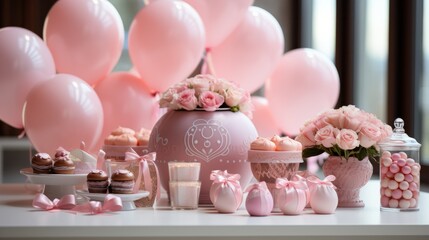 Pink and white birthday party decoration with roses, balloons and cupcakes