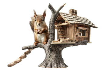 Curious squirrel sits by a wooden treehouse on a tree branch isolate on transparent background, cutout, png