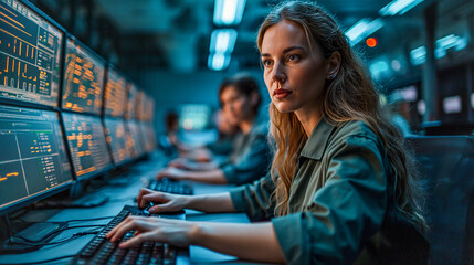 Woman working at a desk with monitors showing complex data and analytics in an operational control room