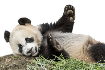 A panda cub rolling down a hill isolated on white background