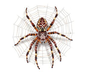 Obraz premium Spider is weaving a web in a unique pattern on white background