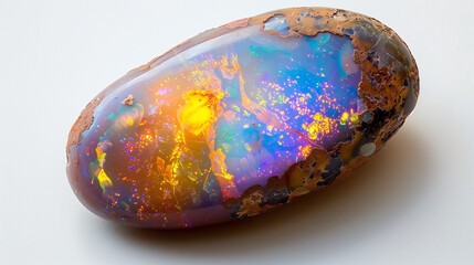 Gemstone, Shiny opal on white background, bright light shiny luxury opal on white background. A close-up of the king of gemstones, a large shiny opal that shines brightly. For Jewelry. 
