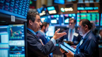 Animated Stock Trader Gesturing in Exchange Room - obrazy, fototapety, plakaty