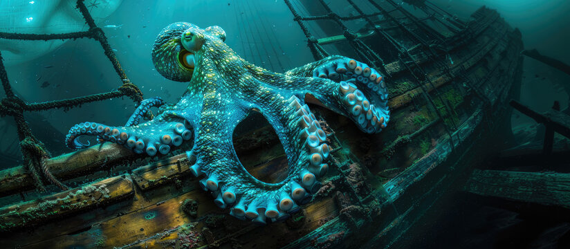 Giant Octopus in underwater. Kraken monster and sunken ship in deep ocean with mystic atmosphere