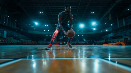 basketball player knee injury during play basketball competition match in stadium, with transparency highlight red bone injury effect, sport physical treatment and healthy concept