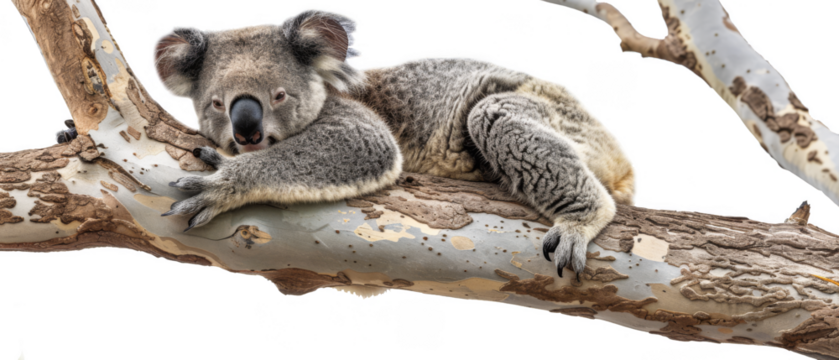 Koala bear lounging in a tree isolate on transparent background, cutout, png