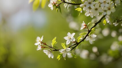 White flowers in spring time with green leaves and blur background