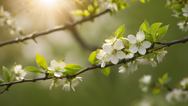 White flowers in spring time with green leaves and blur background