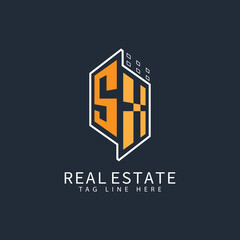 SX initial monogram logo for real estate with home shape creative design.	
