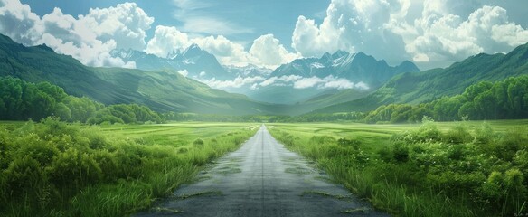 Fototapeta premium Open road through lush greenery, forest, flanked by trees under cloud sky, leads towards rolling hills and mountains in majestic beautiful landscape. Country side road with natural scenery.