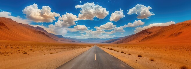Fototapeta na wymiar Open road with mountains on the horizon. Straight road cuts through desert, mountains in distance, under bright blue sky with wispy clouds, hinting at adventure in vast, open wilderness.