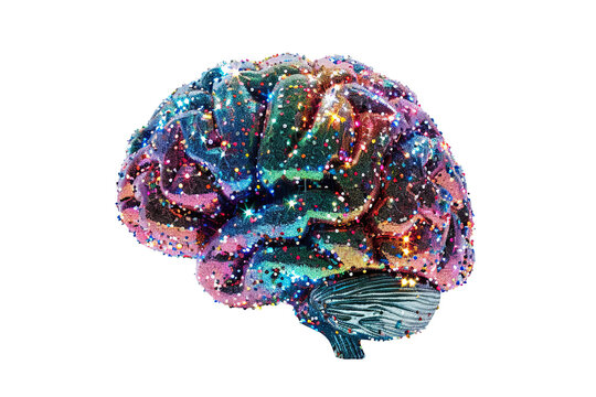 Glittering Intellect a brain sculpture sparkling with multicolored glitter isolate on transparent background, cutout, png