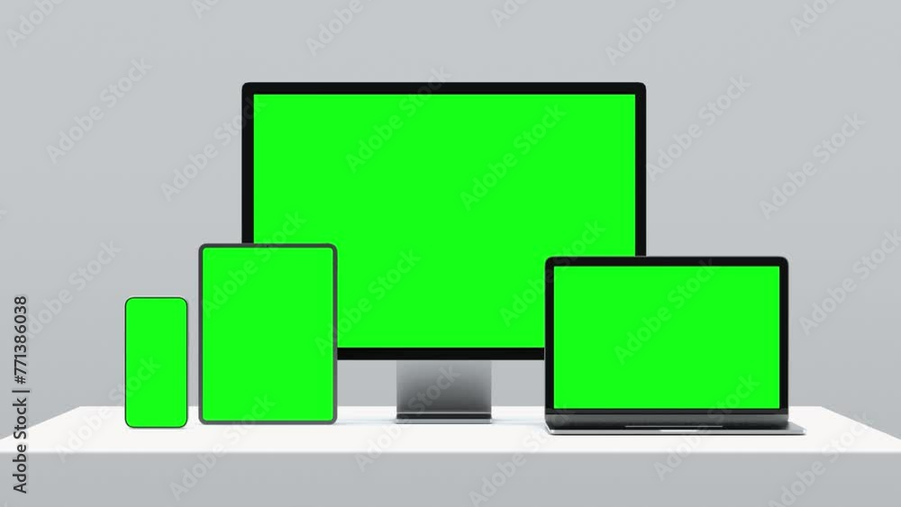 Fototapete laptop computer and smartphone with green screens for chroma key. mock up of smart phone and tablet 