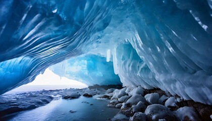 Crystalline ice cave in blue color. Soft glow. View from inside. - obrazy, fototapety, plakaty