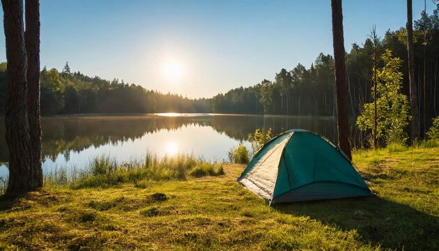Camping waterproof tent on the shore of lake or river, green forest. Morning sun. Travel and tourism