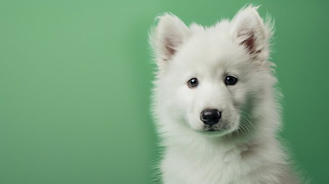 close-up of a cute samoyed puppy on a green background, gazing directly at the camera in a professional photo studio setting. Perfect for a pet shop banner or advertisement