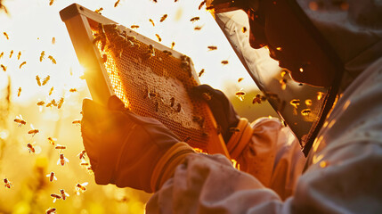 a beekeeper inspecting a frame from a beehive - obrazy, fototapety, plakaty