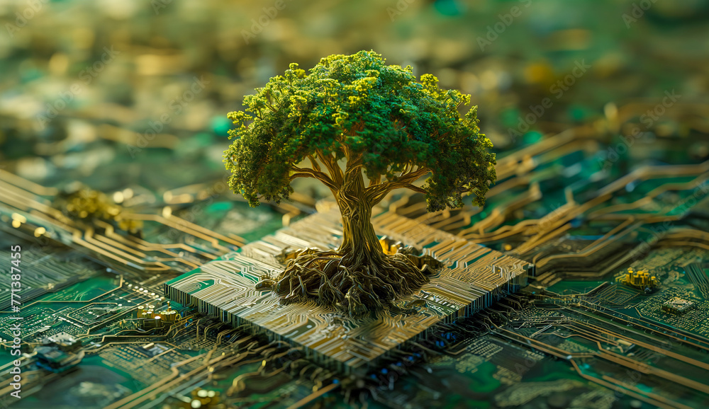 Aufkleber a large tree with extensive roots is centered on a circuit board, set against a backdrop of golden l