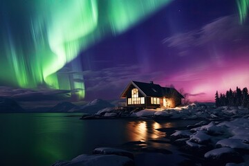 Northern lights display in the polar circle, vibrant and intense aurora borealis illumination - obrazy, fototapety, plakaty
