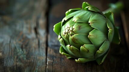 Close up of a fresh Artichoke on a rustic wooden Table