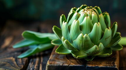 Close up of a fresh Artichoke on a rustic wooden Table