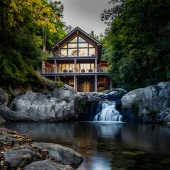 Fototapeta na wymiar beautiful modern architect house with different floors located next to a waterfall 